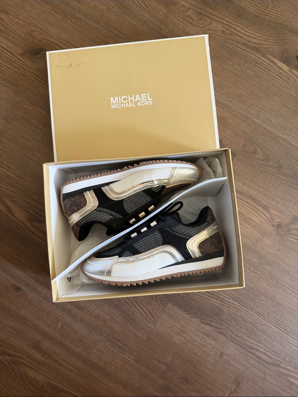 MICHAEL Michael Kors Black, Gold & White Mixed-Material Sneakers